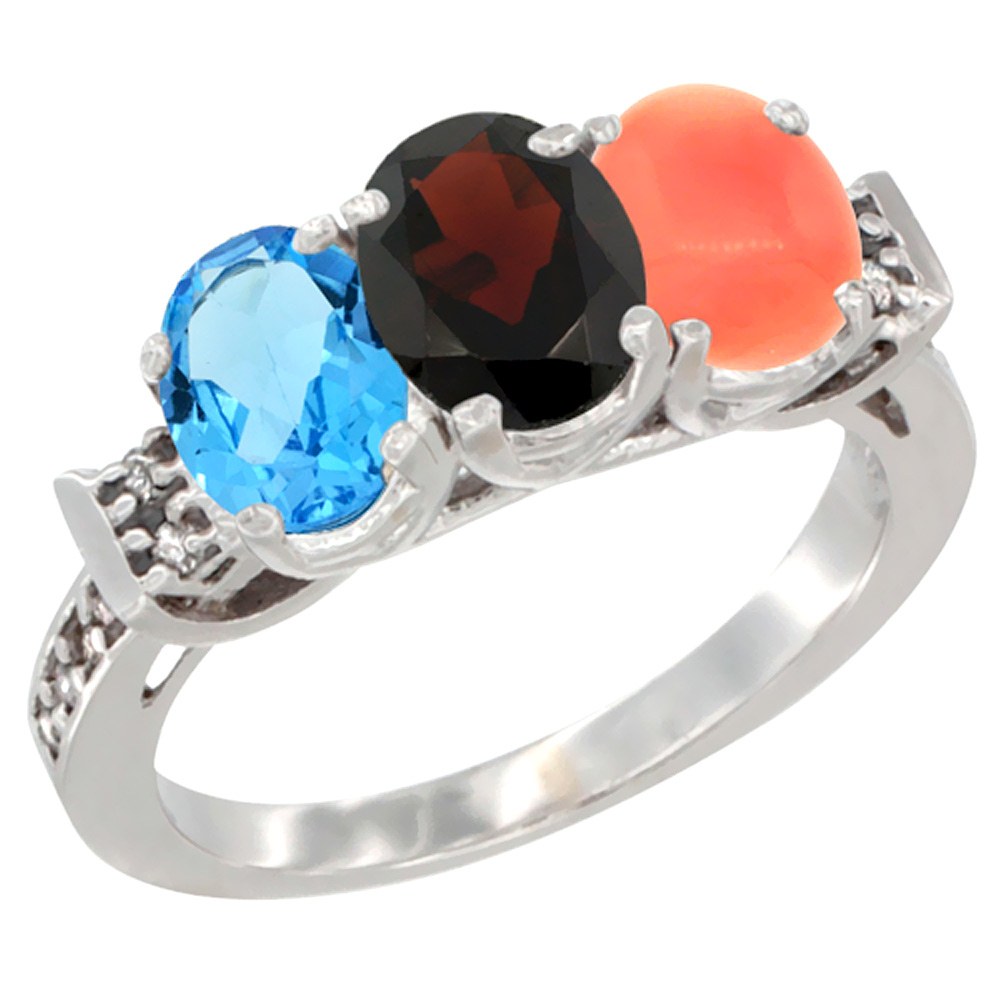 10K White Gold Natural Swiss Blue Topaz, Garnet &amp; Coral Ring 3-Stone Oval 7x5 mm Diamond Accent, sizes 5 - 10