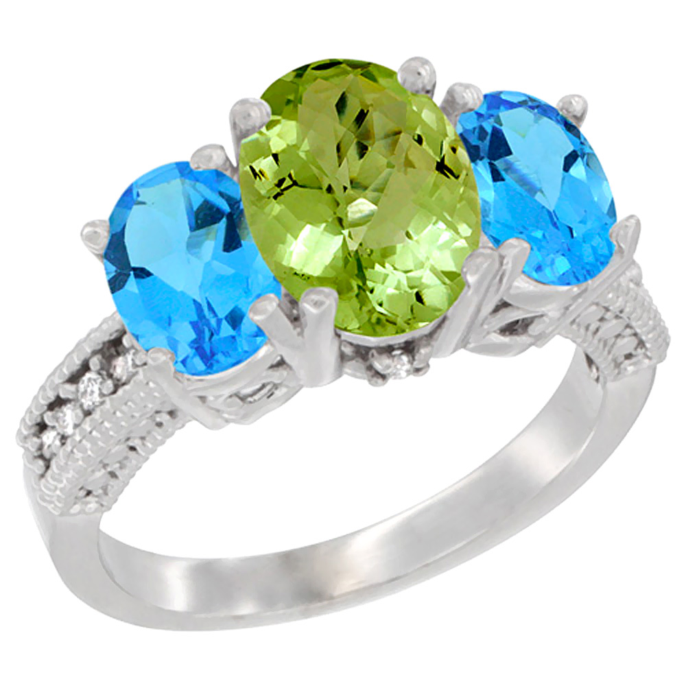 14K White Gold Diamond Natural Peridot Ring 3-Stone Oval 8x6mm with Swiss Blue Topaz, sizes5-10