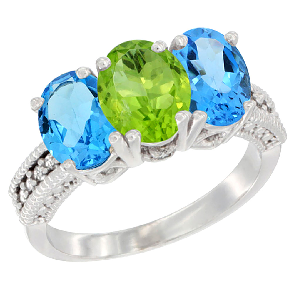 14K White Gold Natural Peridot &amp; Swiss Blue Topaz Sides Ring 3-Stone 7x5 mm Oval Diamond Accent, sizes 5 - 10