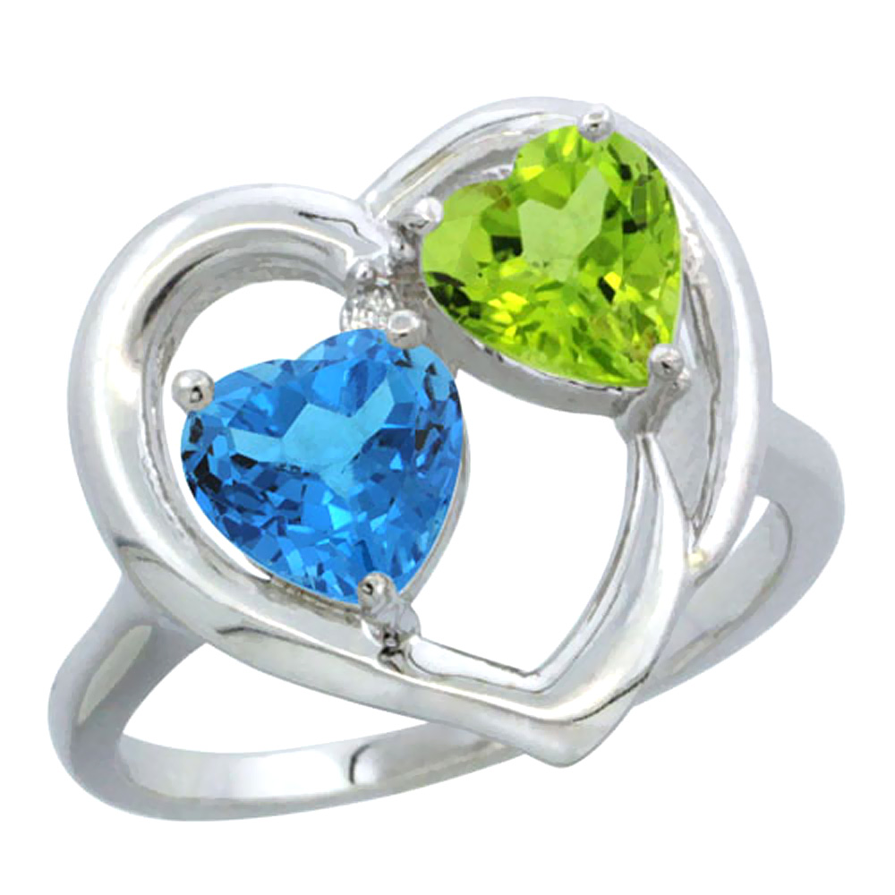 14K White Gold Diamond Two-stone Heart Ring 6mm Natural Swiss Blue Topaz & Peridot, sizes 5-10