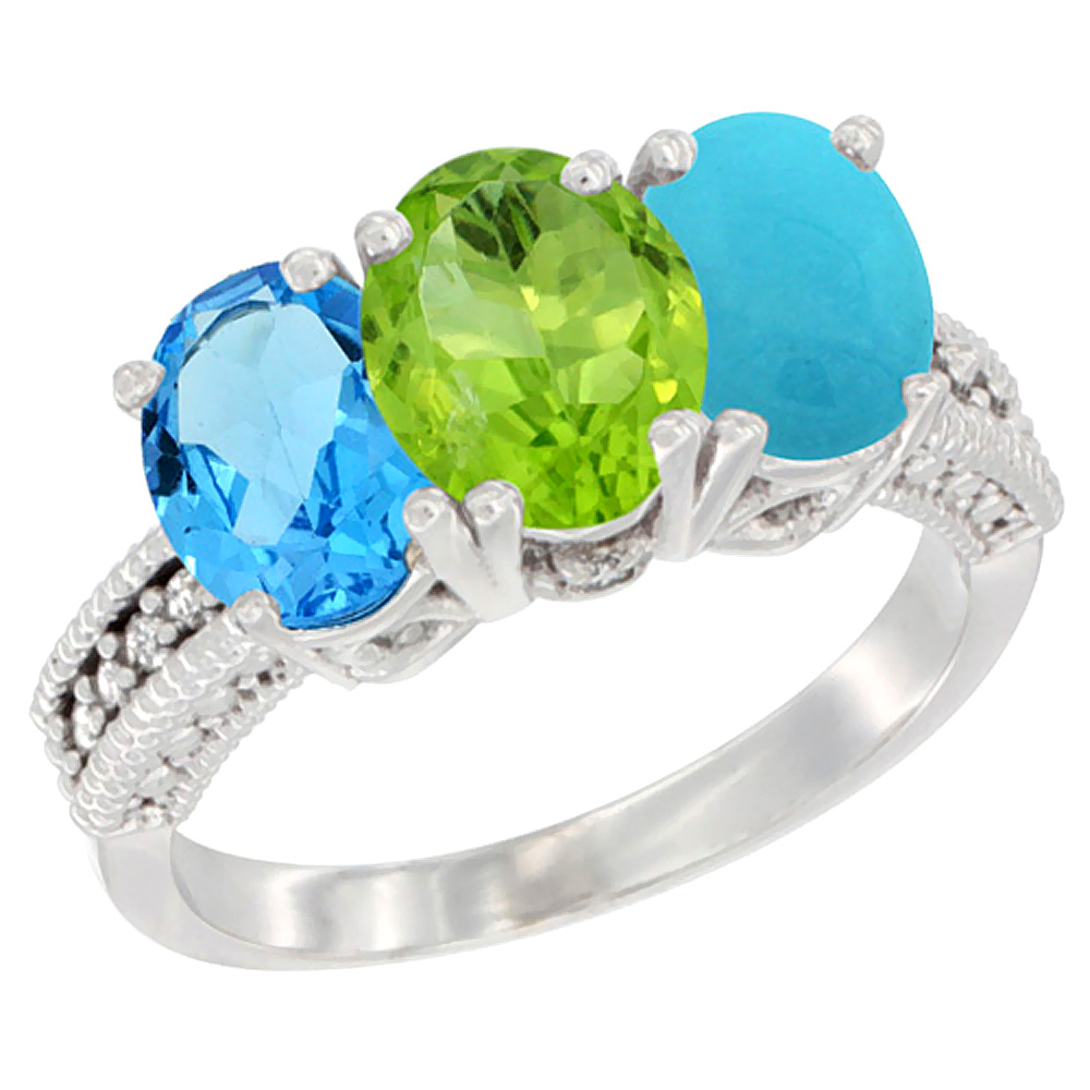 10K White Gold Natural Swiss Blue Topaz, Peridot &amp; Turquoise Ring 3-Stone Oval 7x5 mm Diamond Accent, sizes 5 - 10