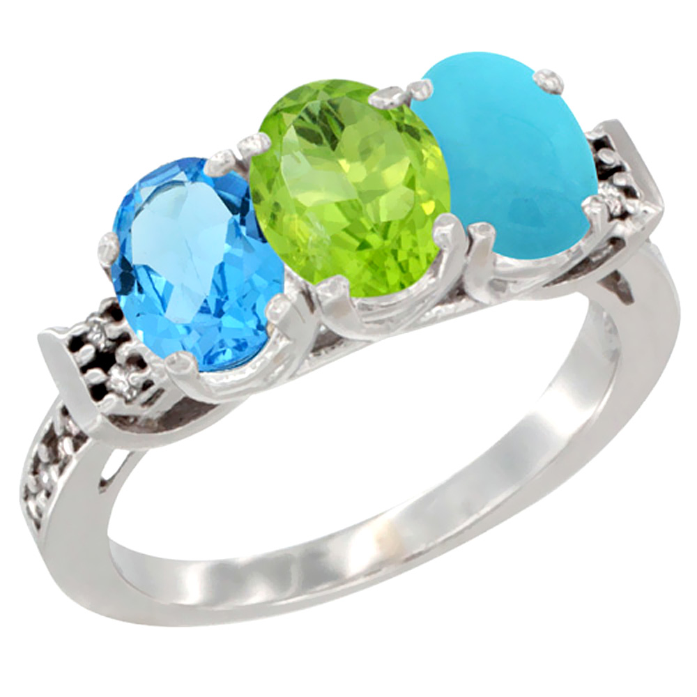 14K White Gold Natural Swiss Blue Topaz, Peridot & Turquoise Ring 3-Stone 7x5 mm Oval Diamond Accent, sizes 5 - 10