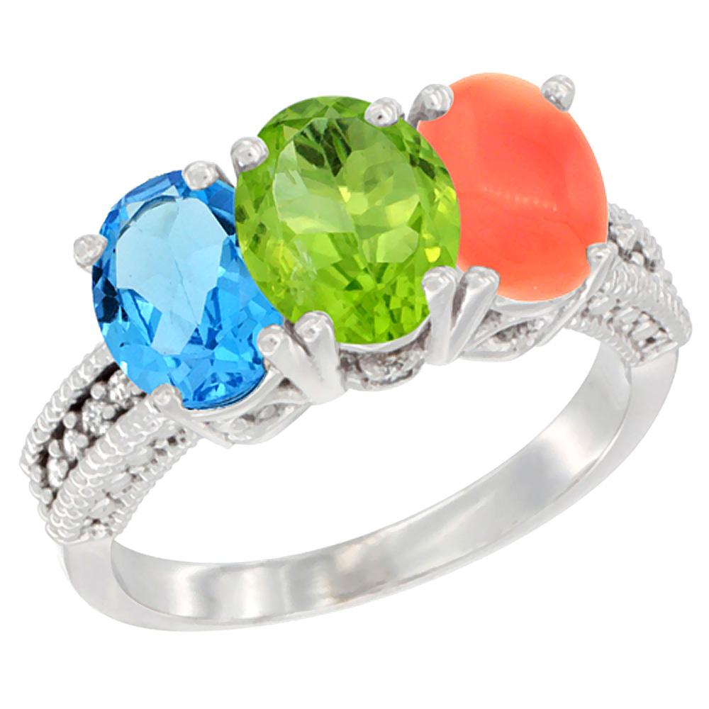 10K White Gold Natural Swiss Blue Topaz, Peridot & Coral Ring 3-Stone Oval 7x5 mm Diamond Accent, sizes 5 - 10