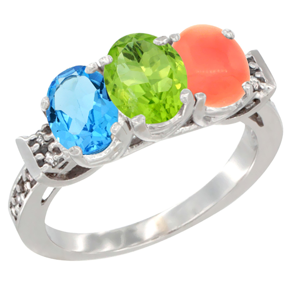 10K White Gold Natural Swiss Blue Topaz, Peridot &amp; Coral Ring 3-Stone Oval 7x5 mm Diamond Accent, sizes 5 - 10