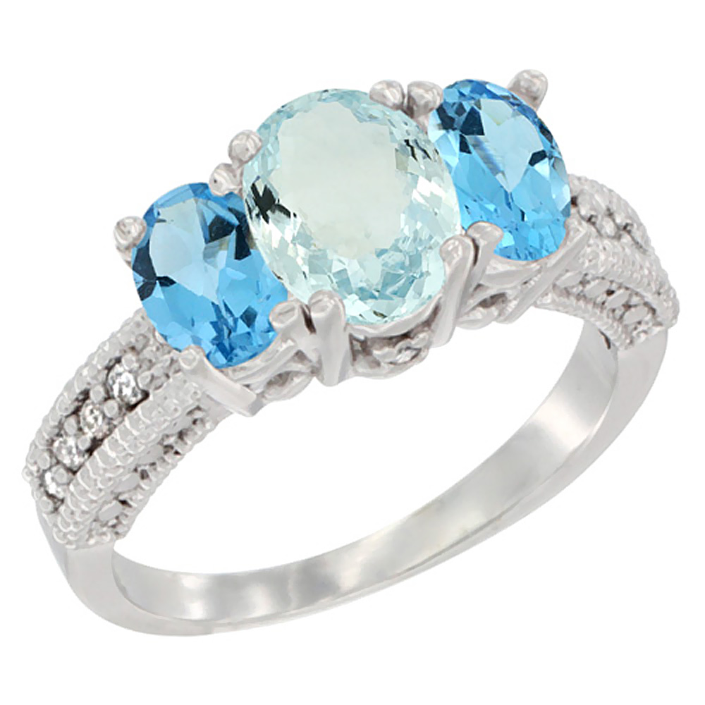 10K White Gold Diamond Natural Aquamarine Ring Oval 3-stone with Swiss Blue Topaz, sizes 5 - 10