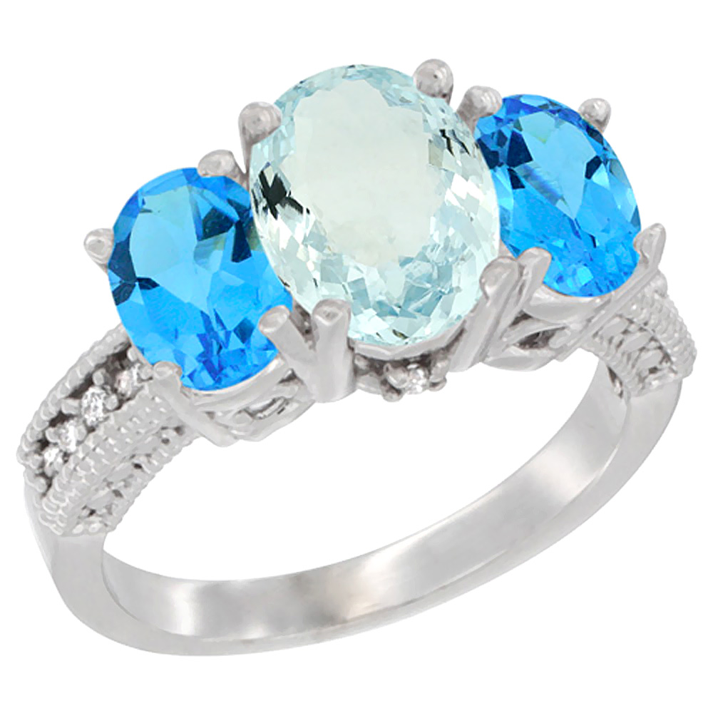 14K White Gold Diamond Natural Aquamarine Ring 3-Stone Oval 8x6mm with Swiss Blue Topaz, sizes5-10