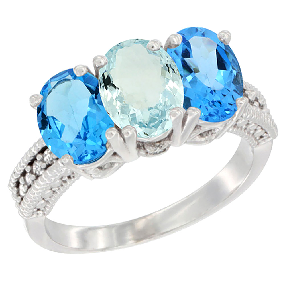 14K White Gold Natural Aquamarine & Swiss Blue Topaz Sides Ring 3-Stone 7x5 mm Oval Diamond Accent, sizes 5 - 10
