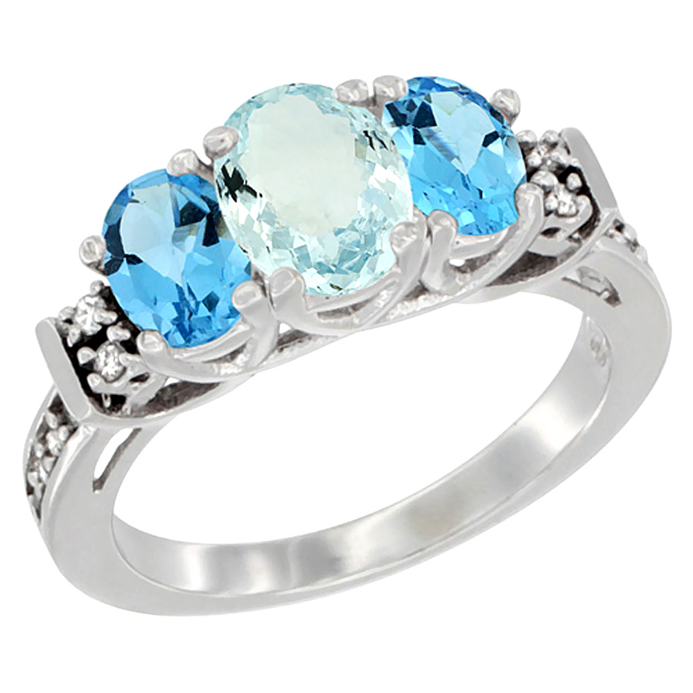 14K White Gold Natural Aquamarine &amp; Swiss Blue Topaz Ring 3-Stone Oval Diamond Accent, sizes 5-10