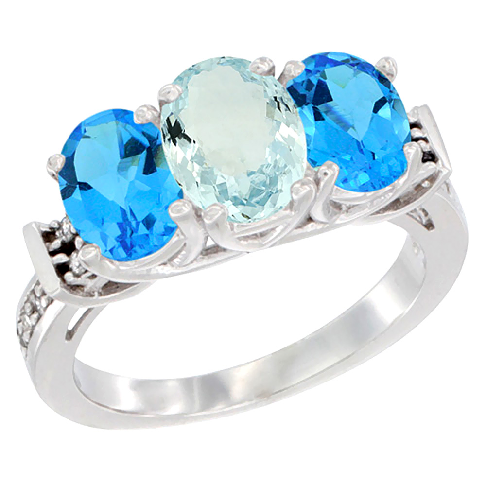 10K White Gold Natural Aquamarine &amp; Swiss Blue Topaz Sides Ring 3-Stone Oval Diamond Accent, sizes 5 - 10