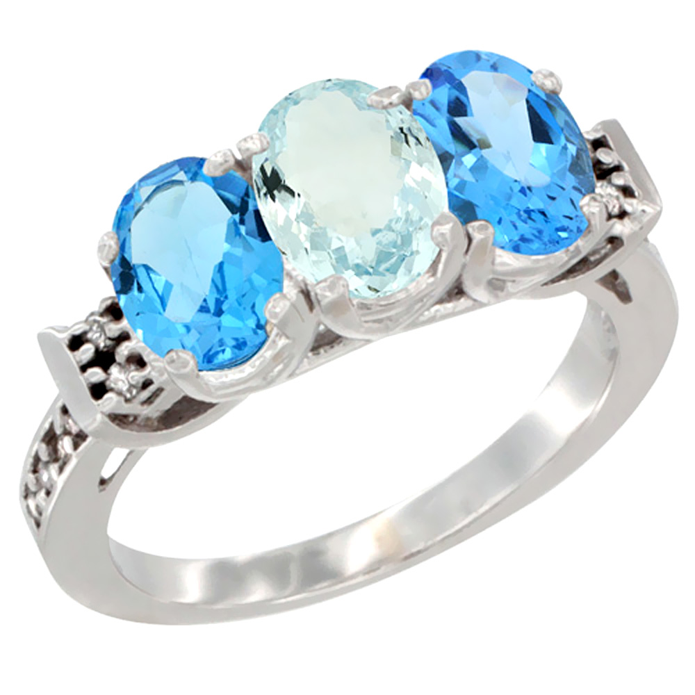14K White Gold Natural Aquamarine &amp; Swiss Blue Topaz Sides Ring 3-Stone 7x5 mm Oval Diamond Accent, sizes 5 - 10