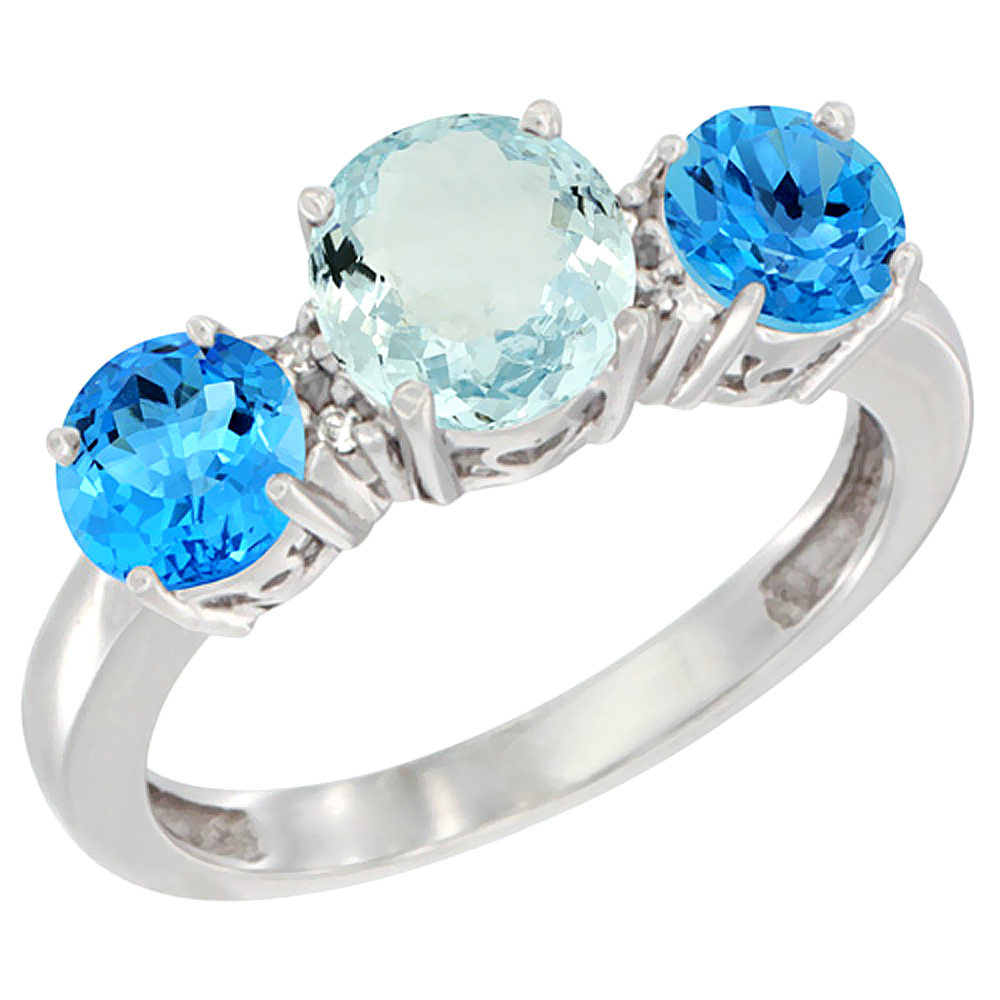 14K White Gold Round 3-Stone Natural Aquamarine Ring &amp; Swiss Blue Topaz Sides Diamond Accent, sizes 5 - 10