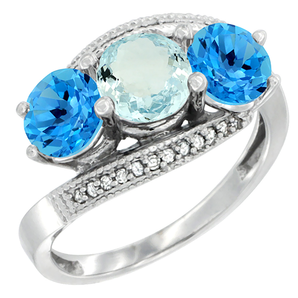 10K White Gold Natural Aquamarine &amp; Swiss Blue Topaz Sides 3 stone Ring Round 6mm Diamond Accent, sizes 5 - 10