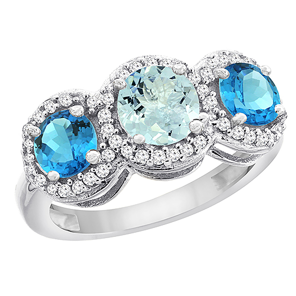 10K White Gold Natural Aquamarine & Swiss Blue Topaz Sides Round 3-stone Ring Diamond Accents, sizes 5 - 10