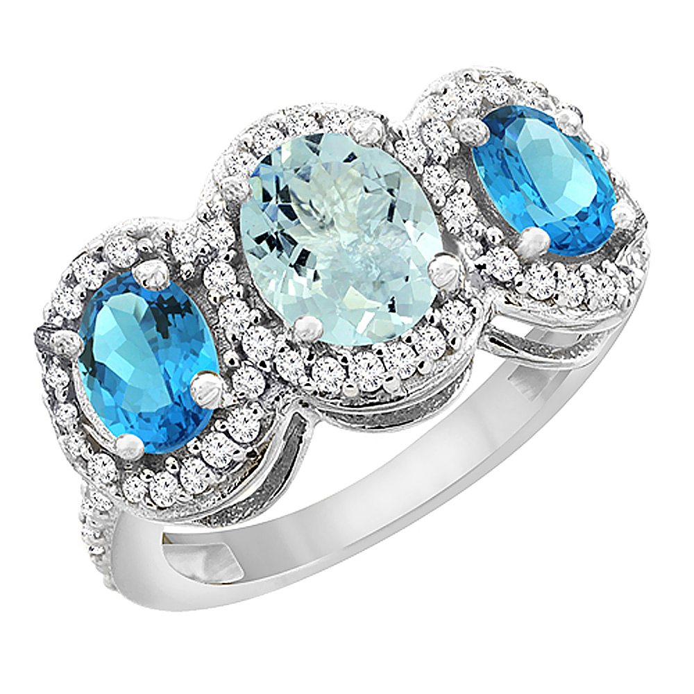 14K White Gold Natural Aquamarine & Swiss Blue Topaz 3-Stone Ring Oval Diamond Accent, sizes 5 - 10