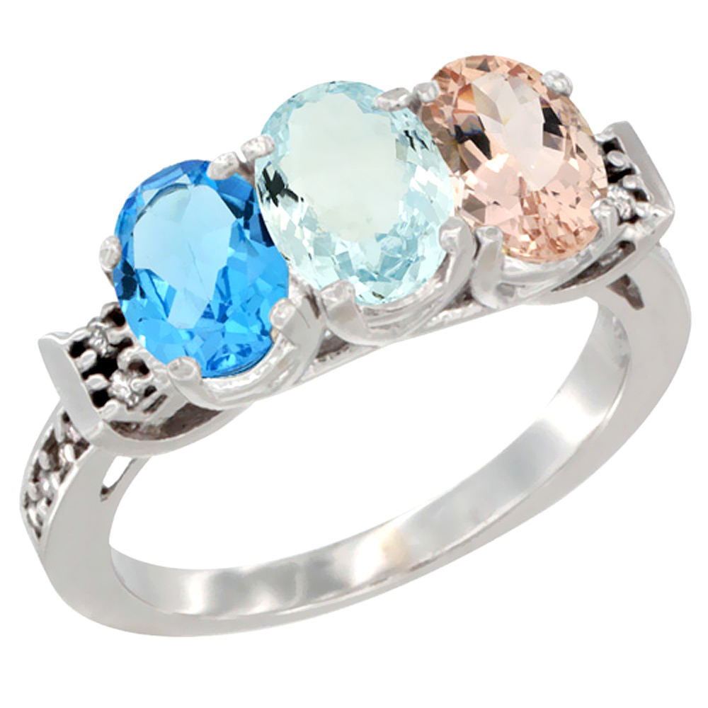 10K White Gold Natural Swiss Blue Topaz, Aquamarine & Morganite Ring 3-Stone Oval 7x5 mm Diamond Accent, sizes 5 - 10