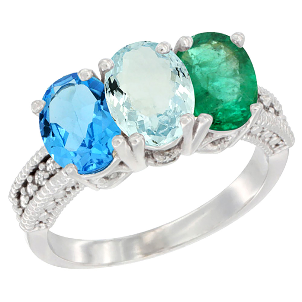 14K White Gold Natural Swiss Blue Topaz, Aquamarine & Emerald Ring 3-Stone 7x5 mm Oval Diamond Accent, sizes 5 - 10