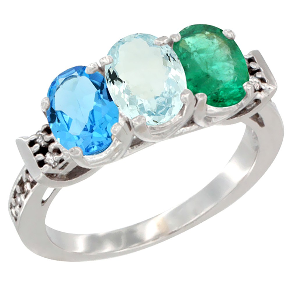 10K White Gold Natural Swiss Blue Topaz, Aquamarine &amp; Emerald Ring 3-Stone Oval 7x5 mm Diamond Accent, sizes 5 - 10