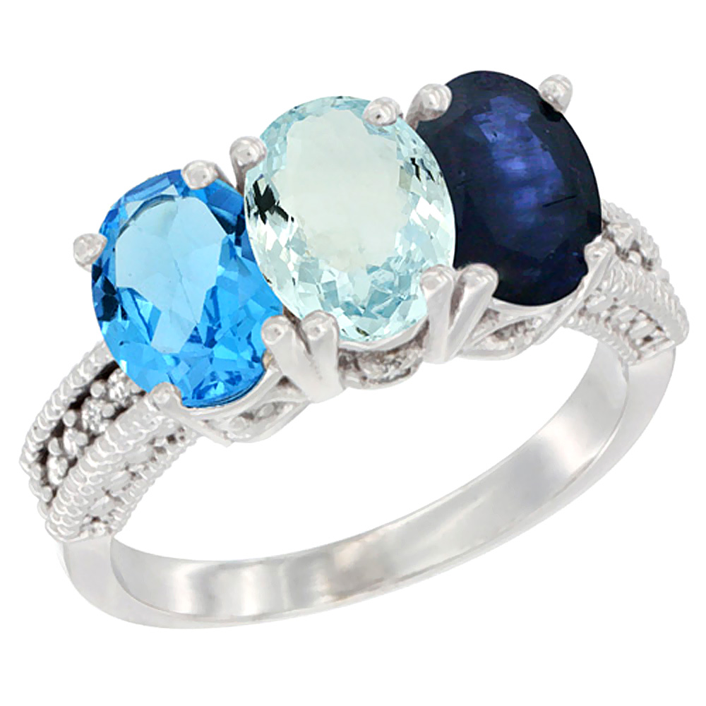 10K White Gold Natural Swiss Blue Topaz, Aquamarine & Blue Sapphire Ring 3-Stone Oval 7x5 mm Diamond Accent, sizes 5 - 10