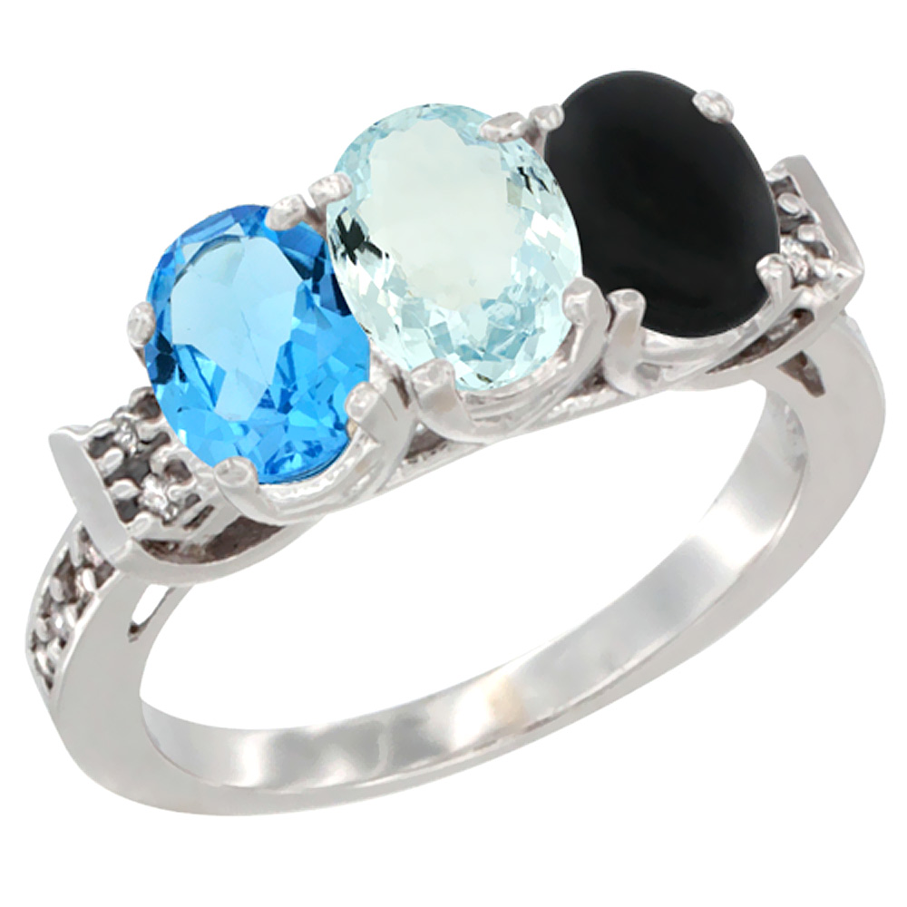 14K White Gold Natural Swiss Blue Topaz, Aquamarine & Black Onyx Ring 3-Stone 7x5 mm Oval Diamond Accent, sizes 5 - 10