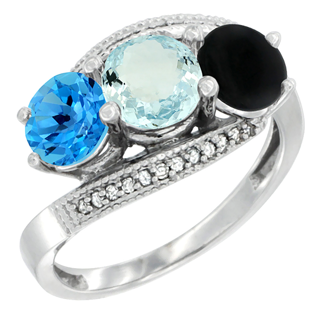 10K White Gold Natural Swiss Blue Topaz, Aquamarine &amp; Black Onyx 3 stone Ring Round 6mm Diamond Accent, sizes 5 - 10
