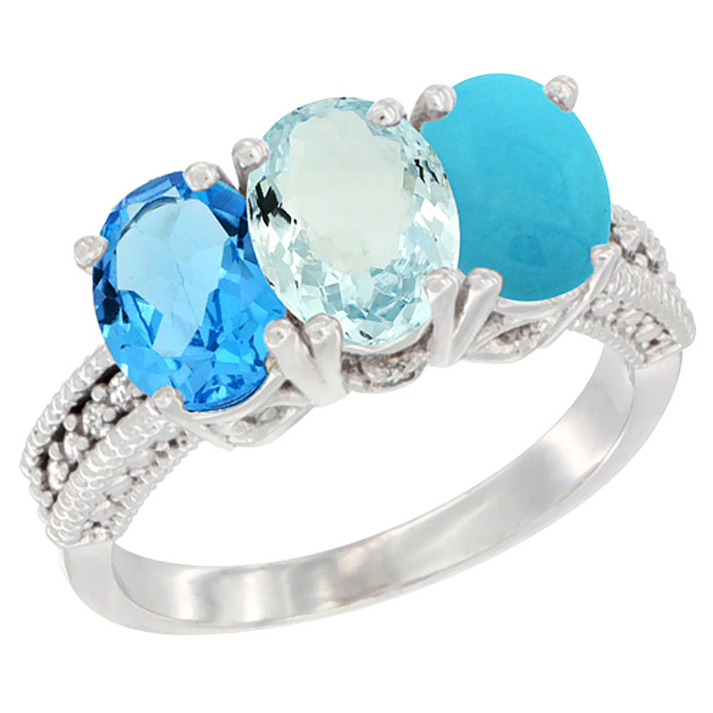 10K White Gold Natural Swiss Blue Topaz, Aquamarine & Turquoise Ring 3-Stone Oval 7x5 mm Diamond Accent, sizes 5 - 10