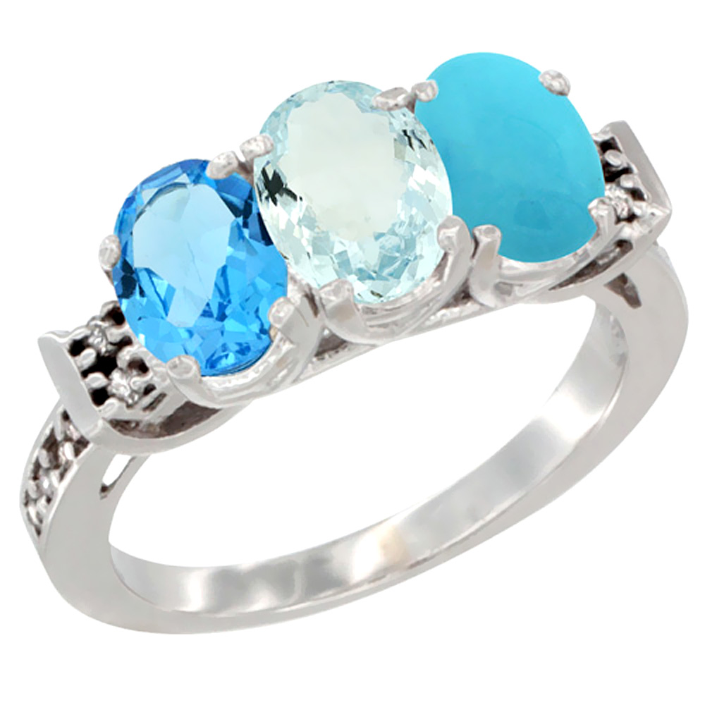14K White Gold Natural Swiss Blue Topaz, Aquamarine & Turquoise Ring 3-Stone 7x5 mm Oval Diamond Accent, sizes 5 - 10