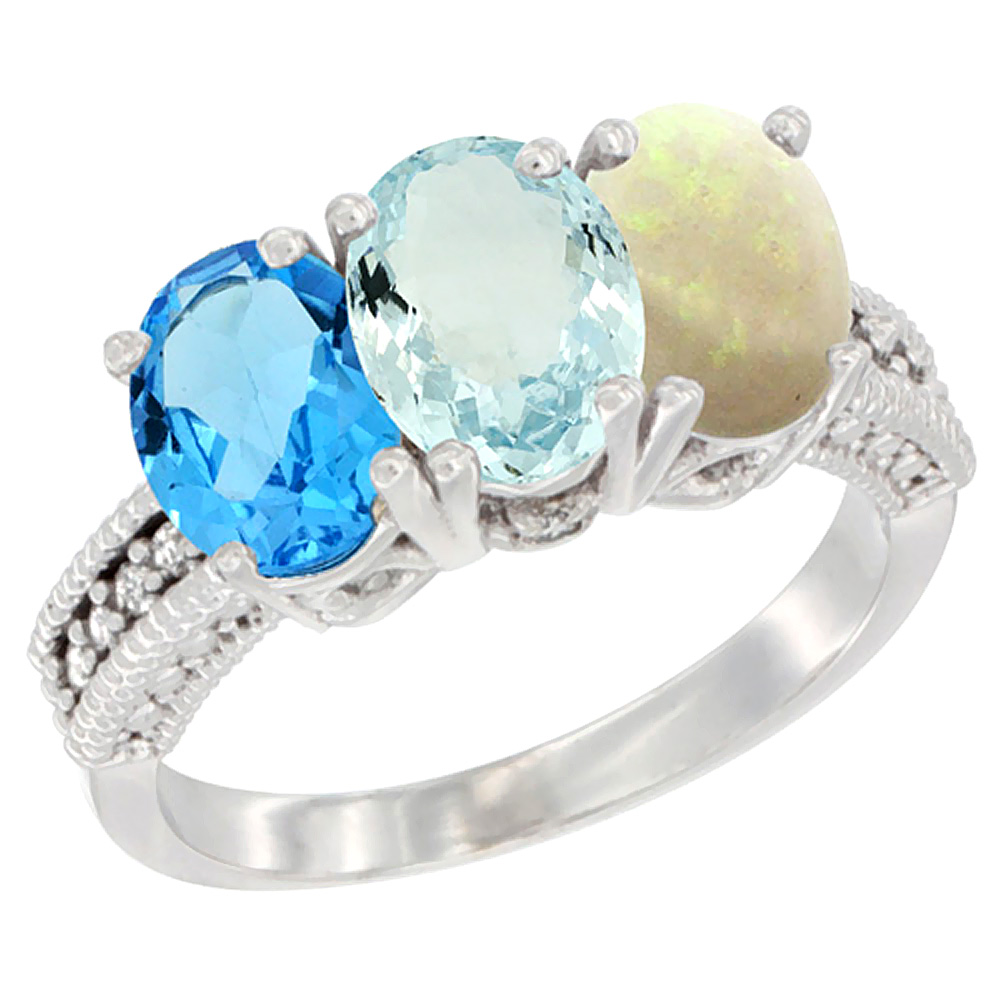 14K White Gold Natural Swiss Blue Topaz, Aquamarine & Opal Ring 3-Stone 7x5 mm Oval Diamond Accent, sizes 5 - 10