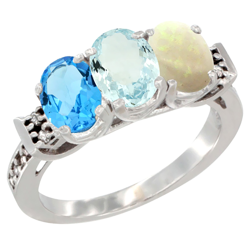 14K White Gold Natural Swiss Blue Topaz, Aquamarine &amp; Opal Ring 3-Stone 7x5 mm Oval Diamond Accent, sizes 5 - 10