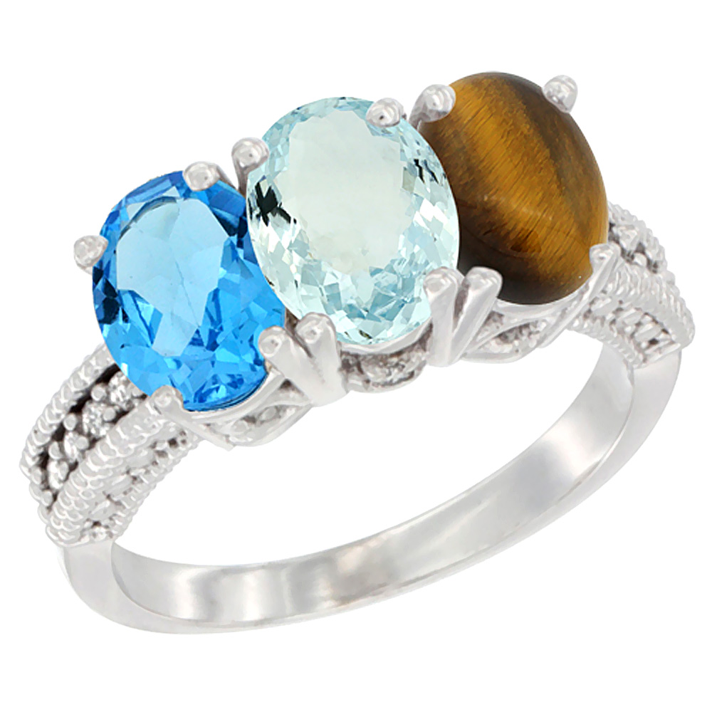 10K White Gold Natural Swiss Blue Topaz, Aquamarine & Tiger Eye Ring 3-Stone Oval 7x5 mm Diamond Accent, sizes 5 - 10
