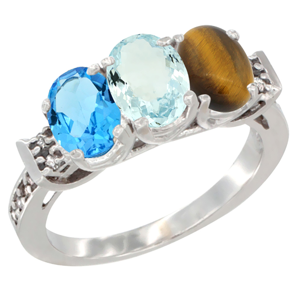 10K White Gold Natural Swiss Blue Topaz, Aquamarine & Tiger Eye Ring 3-Stone Oval 7x5 mm Diamond Accent, sizes 5 - 10