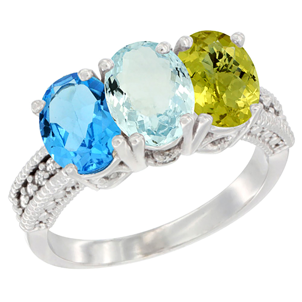 10K White Gold Natural Swiss Blue Topaz, Aquamarine & Lemon Quartz Ring 3-Stone Oval 7x5 mm Diamond Accent, sizes 5 - 10