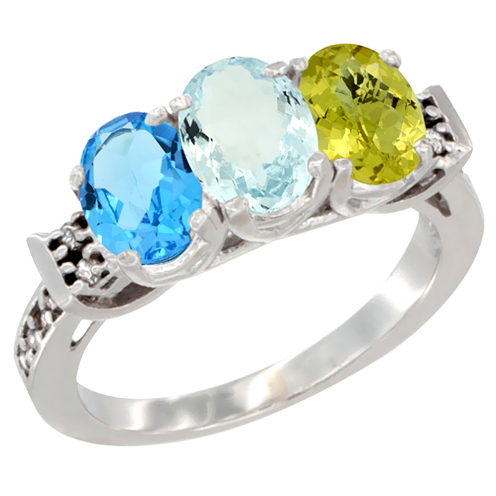 10K White Gold Natural Swiss Blue Topaz, Aquamarine & Lemon Quartz Ring 3-Stone Oval 7x5 mm Diamond Accent, sizes 5 - 10