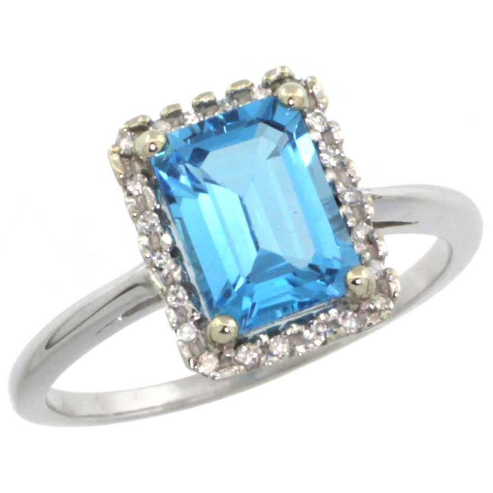14K White Gold Diamond Natural Swiss Blue Topaz Ring Emerald-cut 8x6mm, sizes 5-10