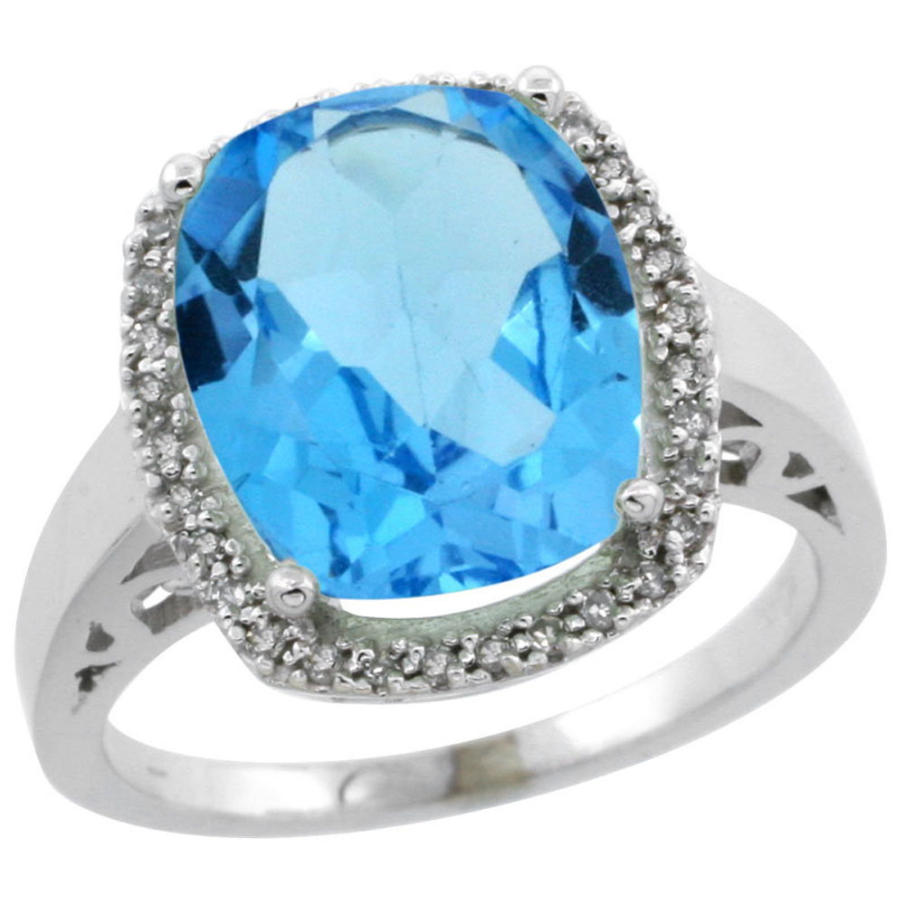 10K White Gold Diamond Genuine Blue Topaz Ring Halo Cushion-cut 12x10mm sizes 5-10