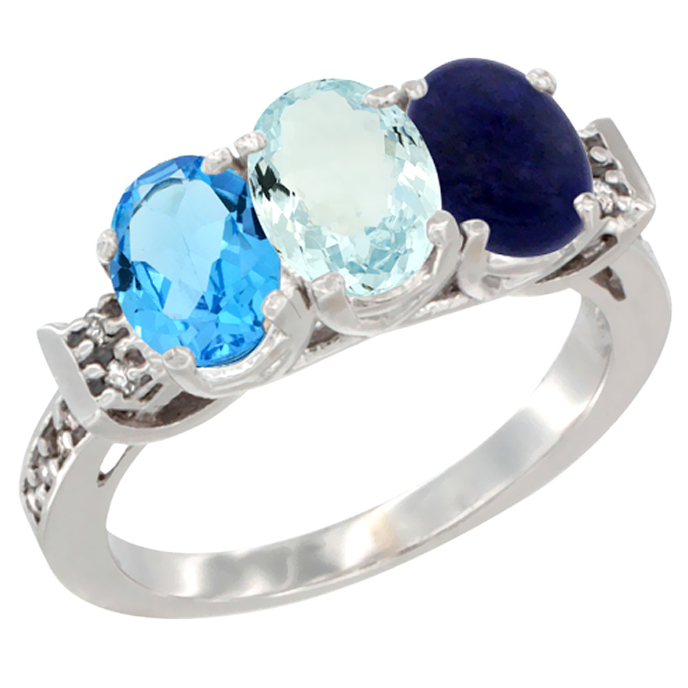 14K White Gold Natural Swiss Blue Topaz, Aquamarine & Lapis Ring 3-Stone 7x5 mm Oval Diamond Accent, sizes 5 - 10