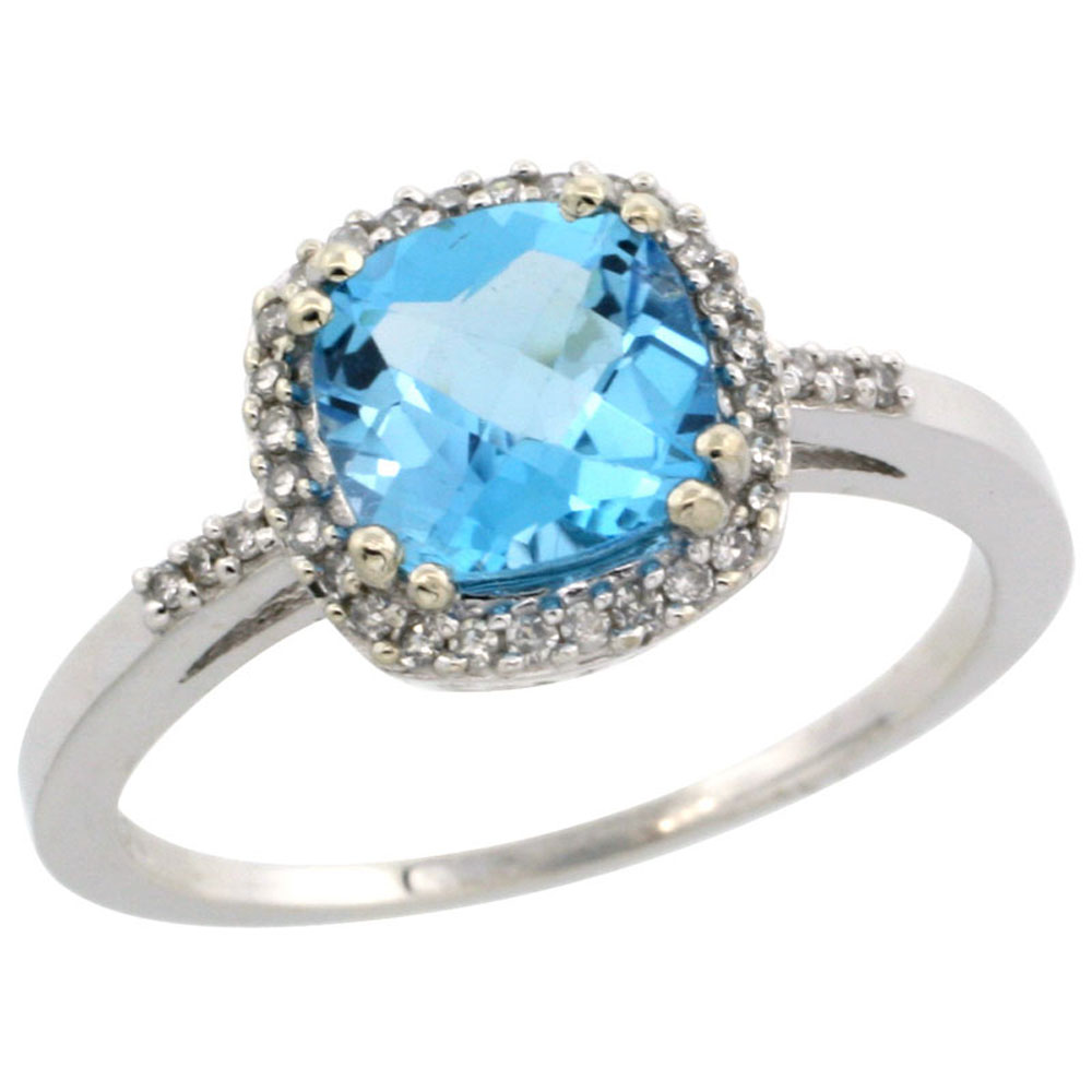 10K White Gold Diamond Genuine Blue Topaz Ring Halo Cushion-cut 7x7mm sizes 5-10