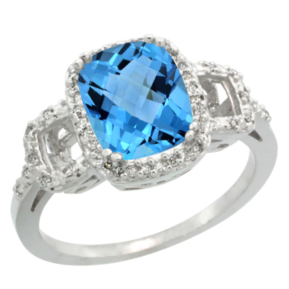 10K White Gold Diamond Genuine Blue Topaz Ring Halo Cushion-cut 9x7mm sizes 5-10
