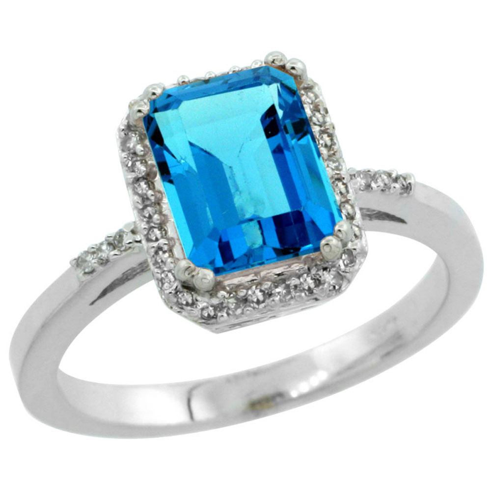 10K White Gold Diamond Genuine Blue Topaz Ring Halo Emerald-cut 8x6mm sizes 5-10