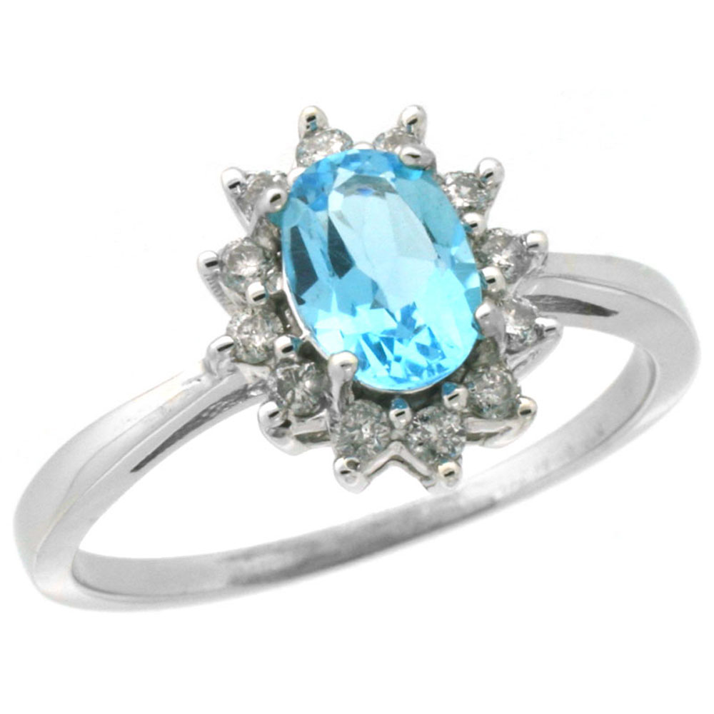 10k White Gold Genuine Blue Topaz Engagement Ring Oval 7x5mm Diamond Halo sizes 5-10