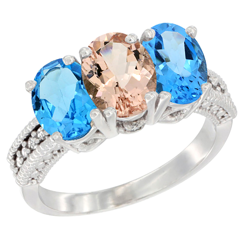 14K White Gold Natural Morganite &amp; Swiss Blue Topaz Sides Ring 3-Stone 7x5 mm Oval Diamond Accent, sizes 5 - 10