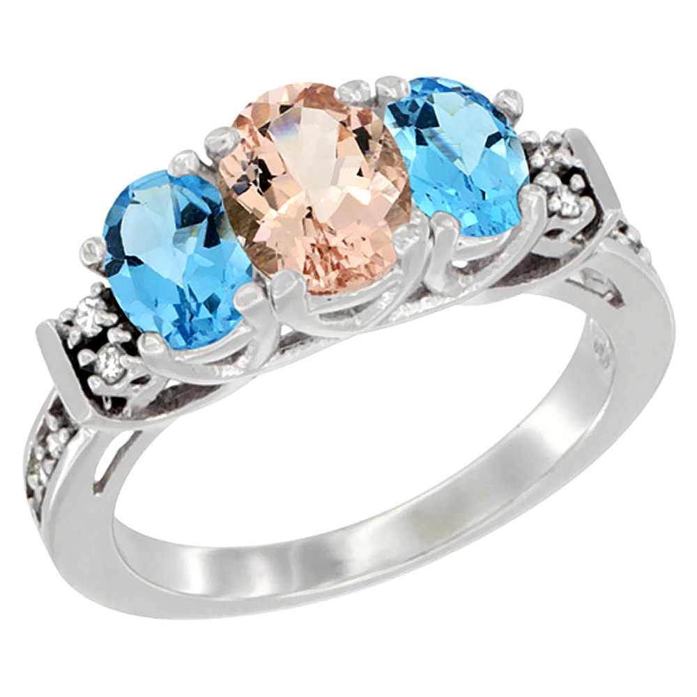 14K White Gold Natural Morganite & Swiss Blue Topaz Ring 3-Stone Oval Diamond Accent, sizes 5-10