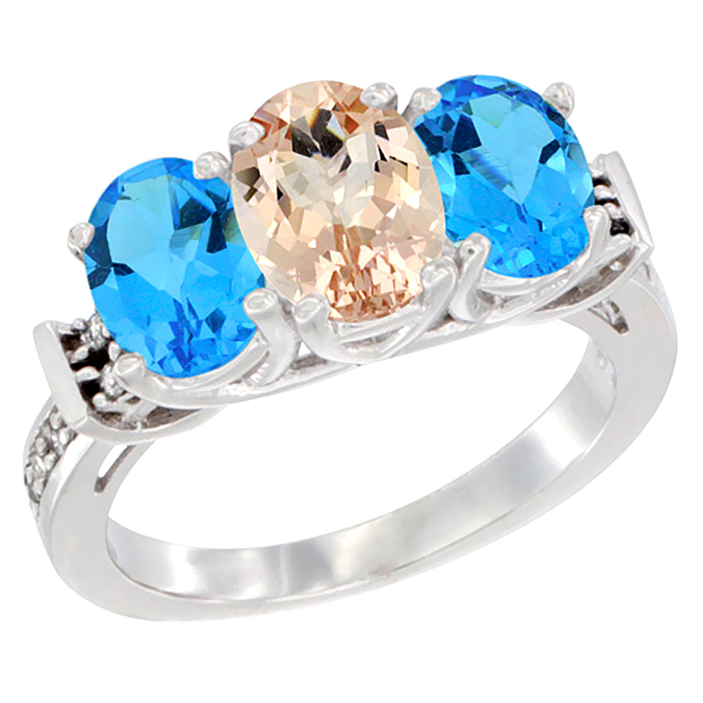 10K White Gold Natural Morganite &amp; Swiss Blue Topaz Sides Ring 3-Stone Oval Diamond Accent, sizes 5 - 10