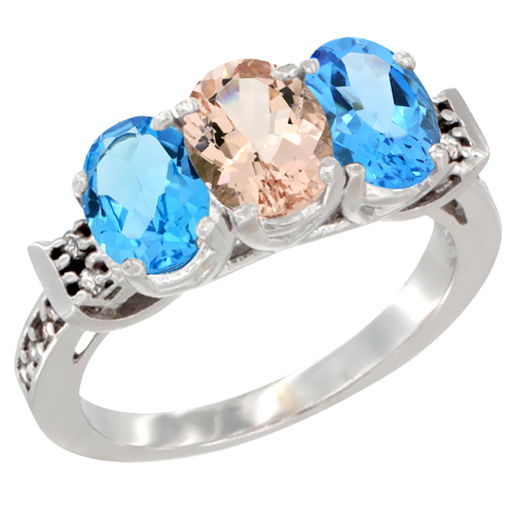 10K White Gold Natural Morganite &amp; Swiss Blue Topaz Sides Ring 3-Stone Oval 7x5 mm Diamond Accent, sizes 5 - 10