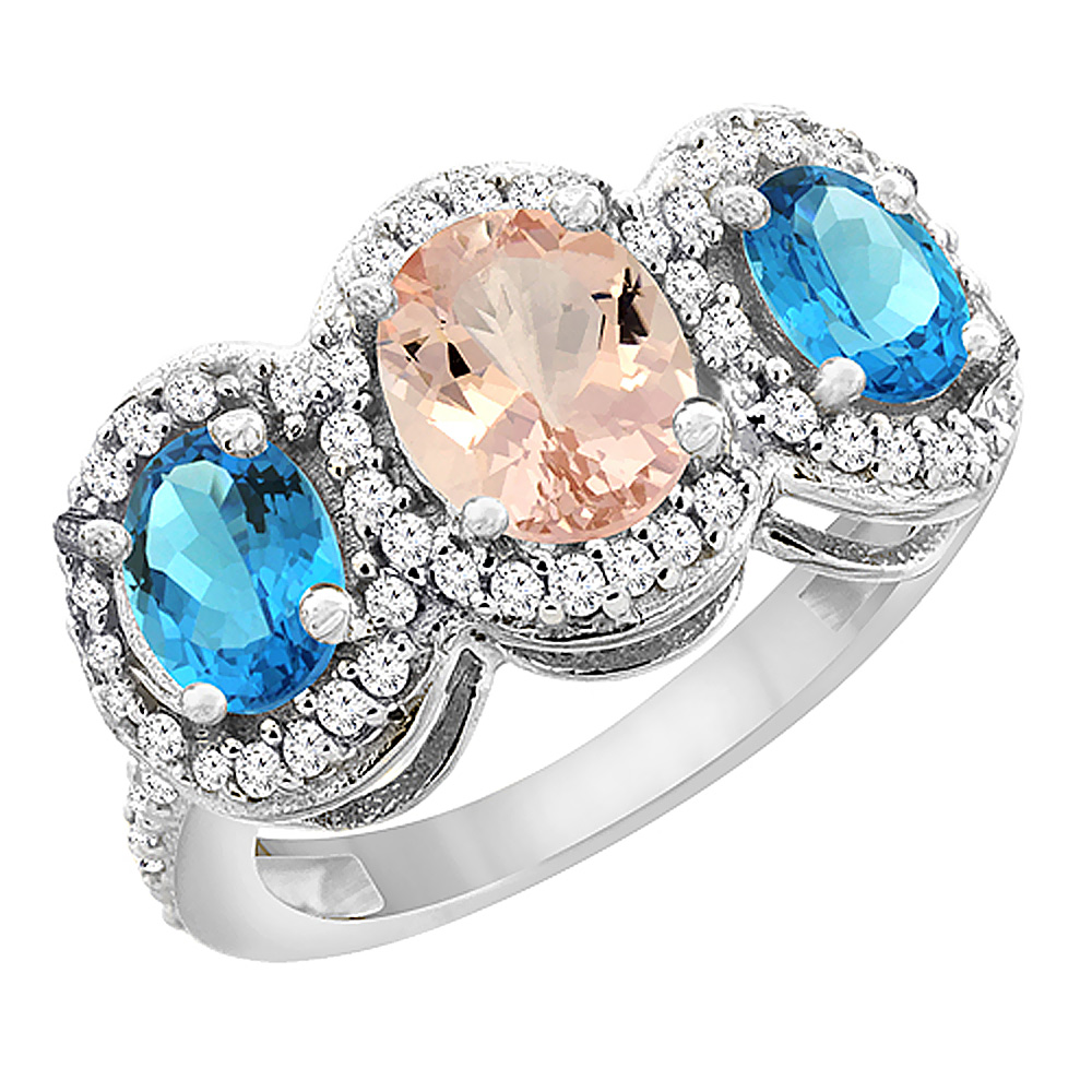 14K White Gold Natural Morganite & Swiss Blue Topaz 3-Stone Ring Oval Diamond Accent, sizes 5 - 10