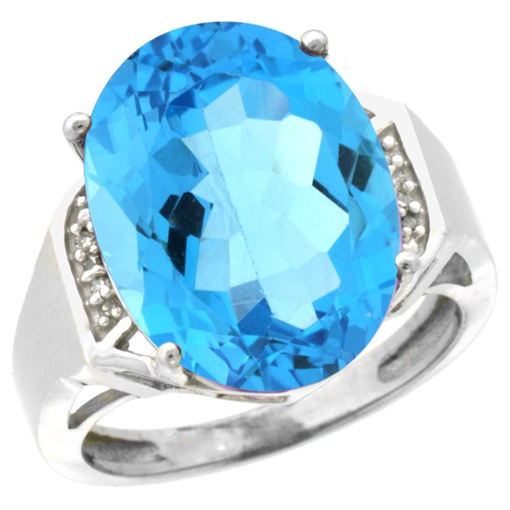 14K White Gold Diamond Natural Swiss Blue Topaz Ring Oval 16x12mm, sizes 5-10