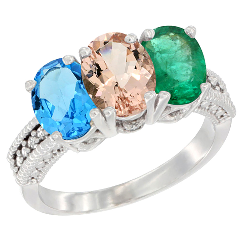 14K White Gold Natural Swiss Blue Topaz, Morganite &amp; Emerald Ring 3-Stone 7x5 mm Oval Diamond Accent, sizes 5 - 10