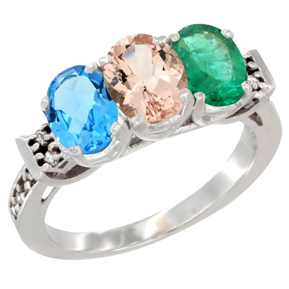 14K White Gold Natural Swiss Blue Topaz, Morganite &amp; Emerald Ring 3-Stone 7x5 mm Oval Diamond Accent, sizes 5 - 10