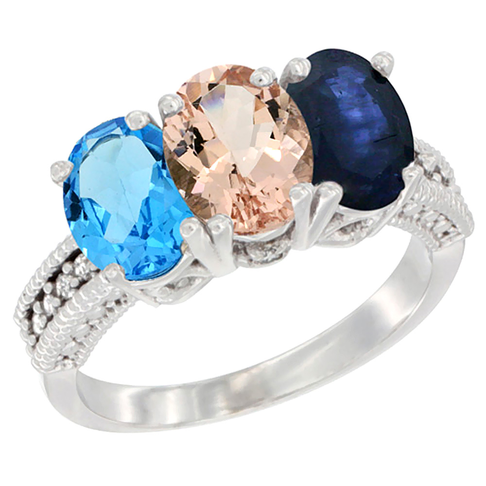 14K White Gold Natural Swiss Blue Topaz, Morganite & Blue Sapphire Ring 3-Stone 7x5 mm Oval Diamond Accent, sizes 5 - 10