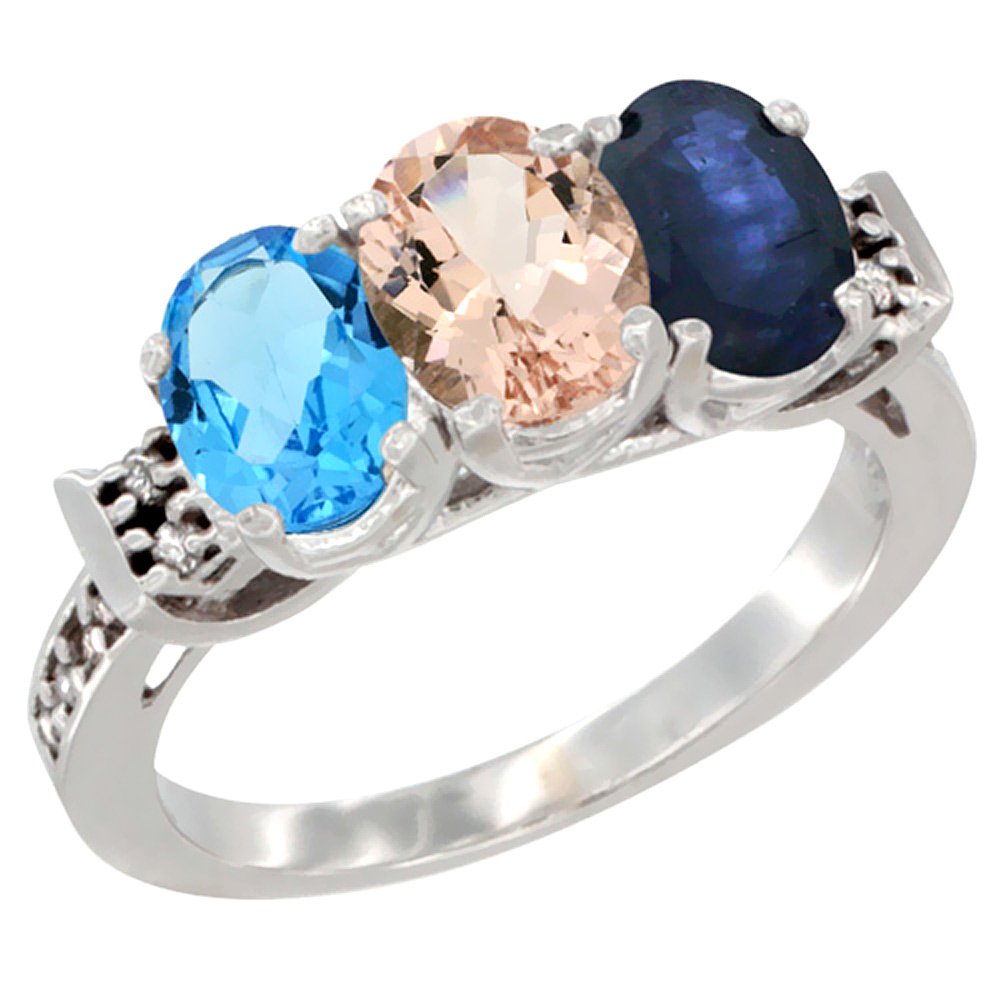 10K White Gold Natural Swiss Blue Topaz, Morganite &amp; Blue Sapphire Ring 3-Stone Oval 7x5 mm Diamond Accent, sizes 5 - 10