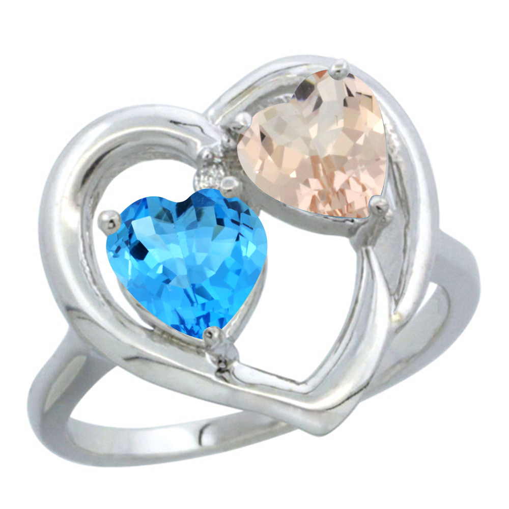 10K White Gold Diamond Two-stone Heart Ring 6mm Natural Swiss Blue Topaz &amp; Morganite, sizes 5-10